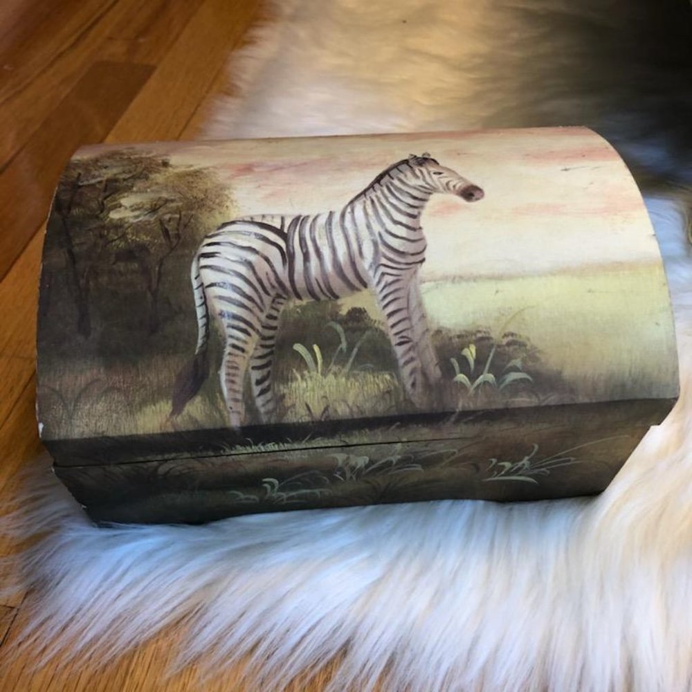 Vintage African Hinged Wood Jewelry Box with Zebra